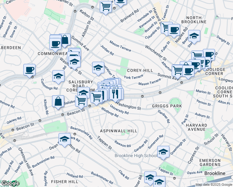 map of restaurants, bars, coffee shops, grocery stores, and more near 25 Westbourne Terrace in Brookline