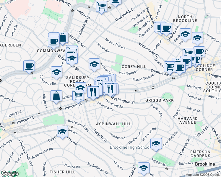 map of restaurants, bars, coffee shops, grocery stores, and more near 25 Westbourne Terrace in Brookline