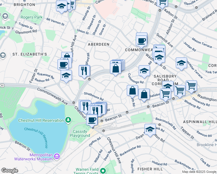 map of restaurants, bars, coffee shops, grocery stores, and more near 98 Lanark Road in Boston
