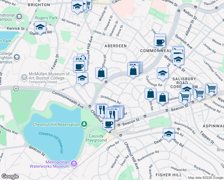 map of restaurants, bars, coffee shops, grocery stores, and more near 8 Kinross Road in Boston