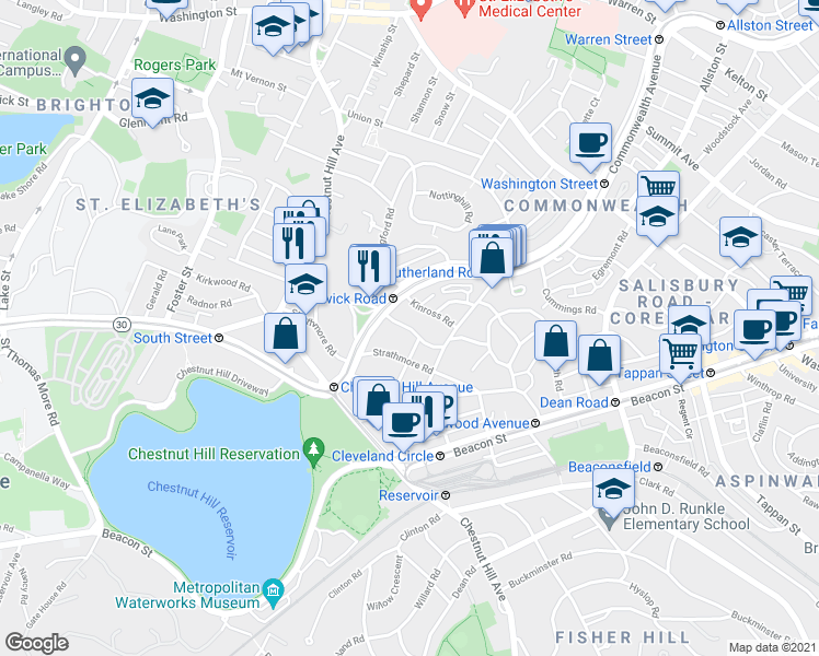 map of restaurants, bars, coffee shops, grocery stores, and more near 8 Kinross Road in Boston