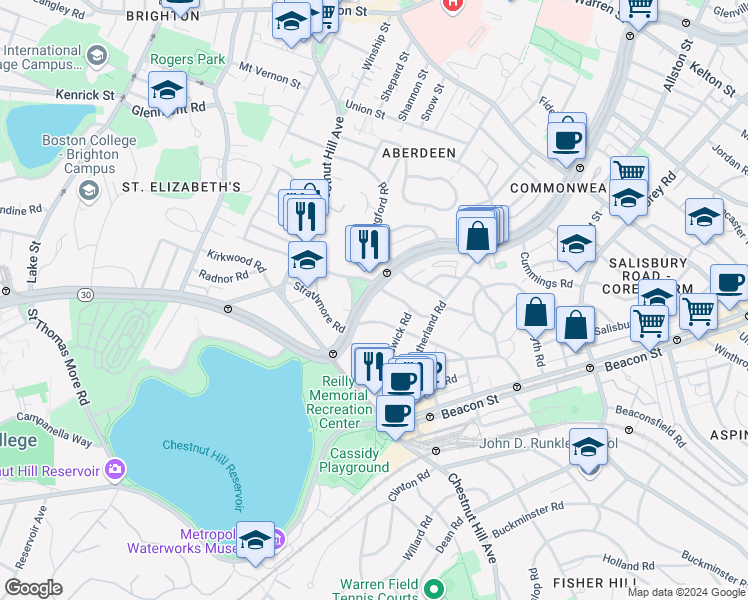 map of restaurants, bars, coffee shops, grocery stores, and more near in Boston