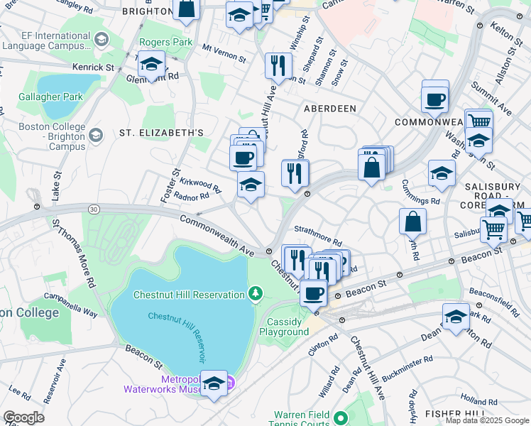 map of restaurants, bars, coffee shops, grocery stores, and more near 186 Chestnut Hill Avenue in Boston