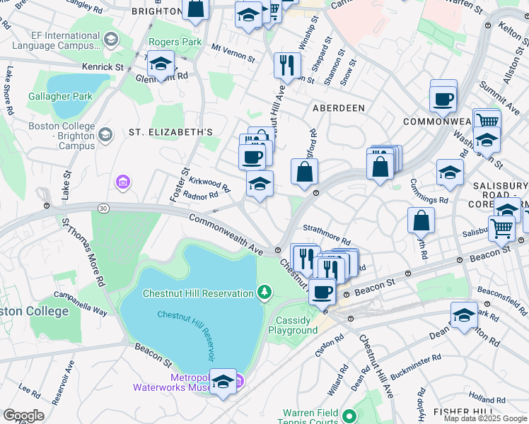 map of restaurants, bars, coffee shops, grocery stores, and more near 186 Chestnut Hill Avenue in Boston