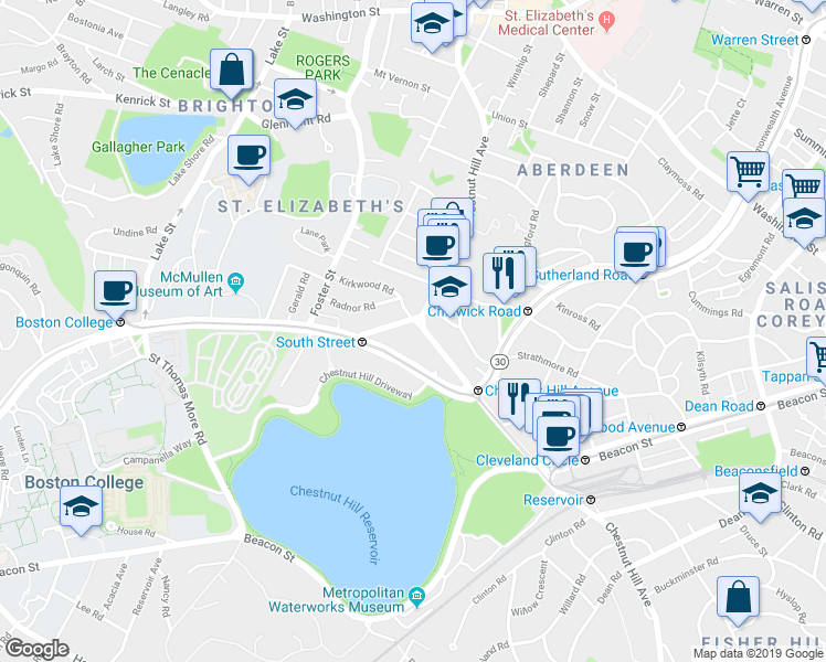 map of restaurants, bars, coffee shops, grocery stores, and more near 217 Chestnut Hill Avenue in Boston