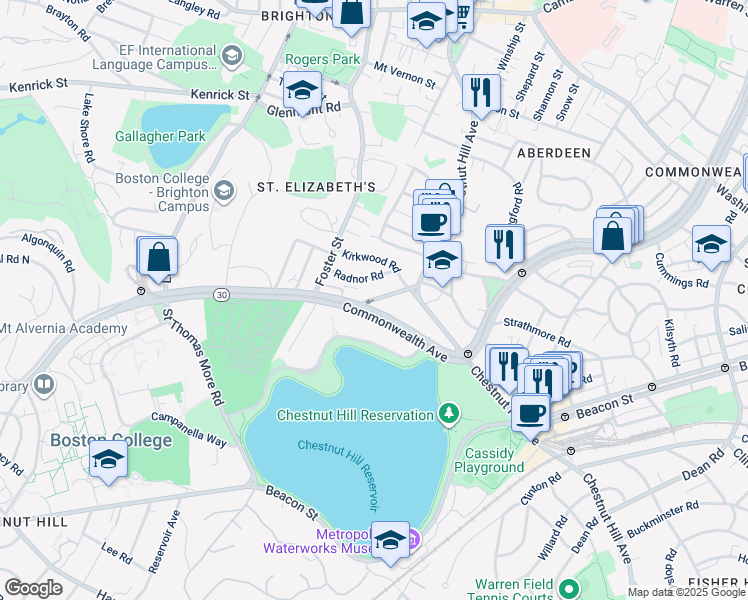 map of restaurants, bars, coffee shops, grocery stores, and more near 49 Radnor Road in Boston