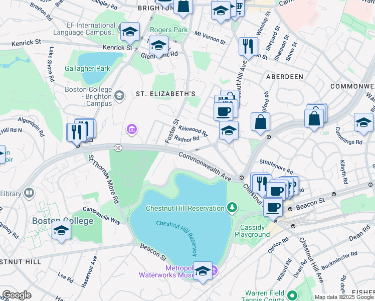 map of restaurants, bars, coffee shops, grocery stores, and more near 15 Radnor Road in Boston