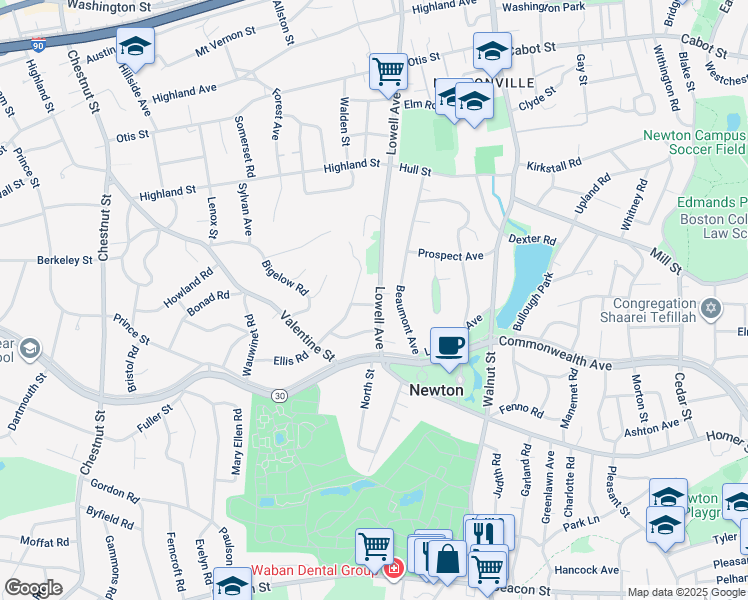 map of restaurants, bars, coffee shops, grocery stores, and more near 67 Oak Cliff Road in Newton