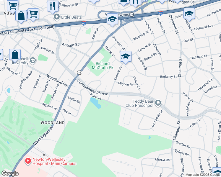 map of restaurants, bars, coffee shops, grocery stores, and more near 227 Temple Street in Newton