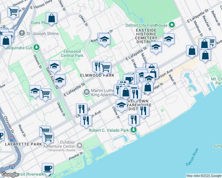 map of restaurants, bars, coffee shops, grocery stores, and more near 700 Chene in Detroit