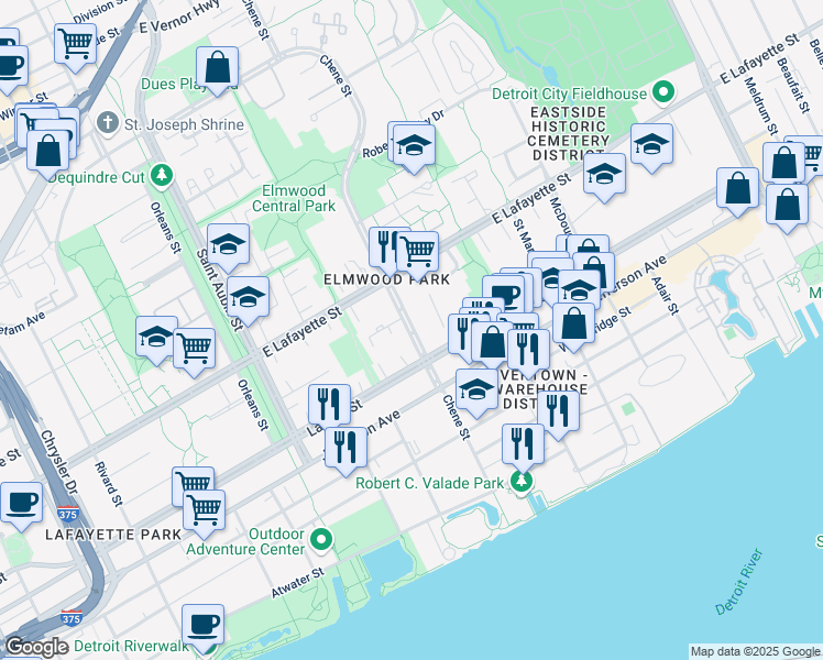 map of restaurants, bars, coffee shops, grocery stores, and more near 700 Chene in Detroit