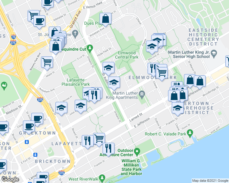 map of restaurants, bars, coffee shops, grocery stores, and more near 1100 Saint Aubin Place in Detroit