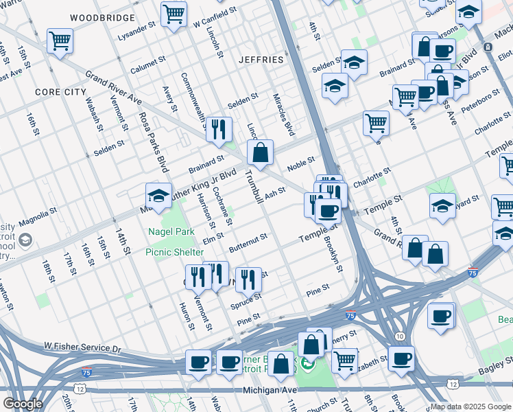 map of restaurants, bars, coffee shops, grocery stores, and more near 3340 Trumbull in Detroit