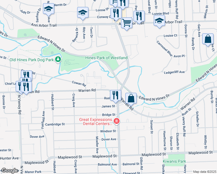 map of restaurants, bars, coffee shops, grocery stores, and more near 7169 Merriman Road in Garden City