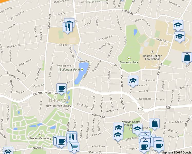 map of restaurants, bars, coffee shops, grocery stores, and more near Royce Rd & Commonwealth Park in Newton