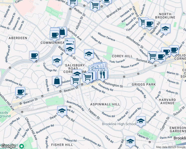map of restaurants, bars, coffee shops, grocery stores, and more near 50 Westbourne Terrace in Brookline