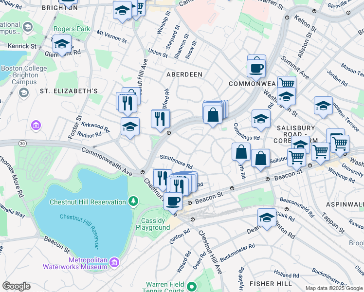 map of restaurants, bars, coffee shops, grocery stores, and more near 67 Chiswick Road in Boston