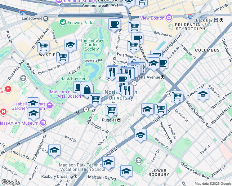 map of restaurants, bars, coffee shops, grocery stores, and more near in Boston