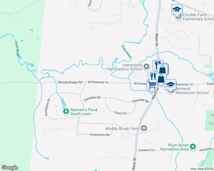 map of restaurants, bars, coffee shops, grocery stores, and more near 166 West Pomeroy Lane in Amherst