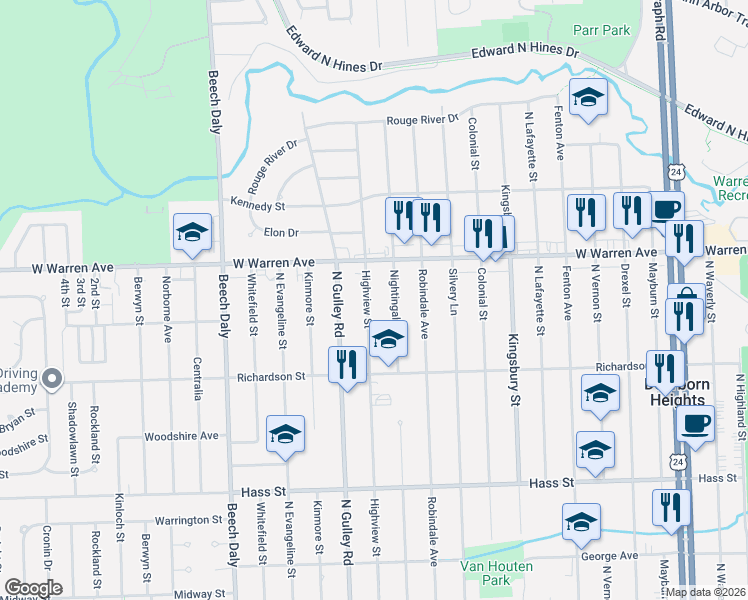 map of restaurants, bars, coffee shops, grocery stores, and more near 7162 Highview Street in Dearborn Heights
