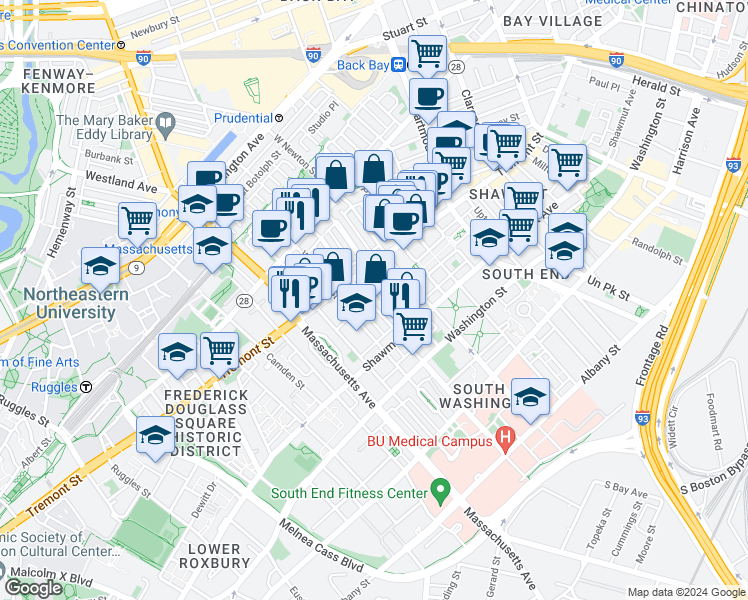 map of restaurants, bars, coffee shops, grocery stores, and more near 143 West Concord Street in Boston