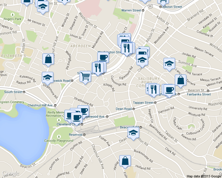 map of restaurants, bars, coffee shops, grocery stores, and more near 36 Cummings Road in Boston