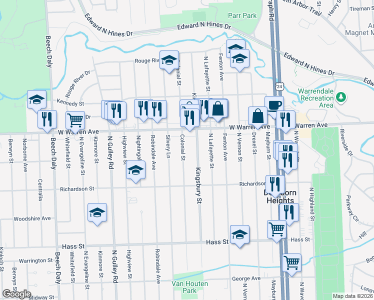 map of restaurants, bars, coffee shops, grocery stores, and more near 7000 Colonial Street in Dearborn Heights