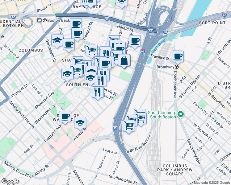 map of restaurants, bars, coffee shops, grocery stores, and more near 580 Harrison Avenue in Boston