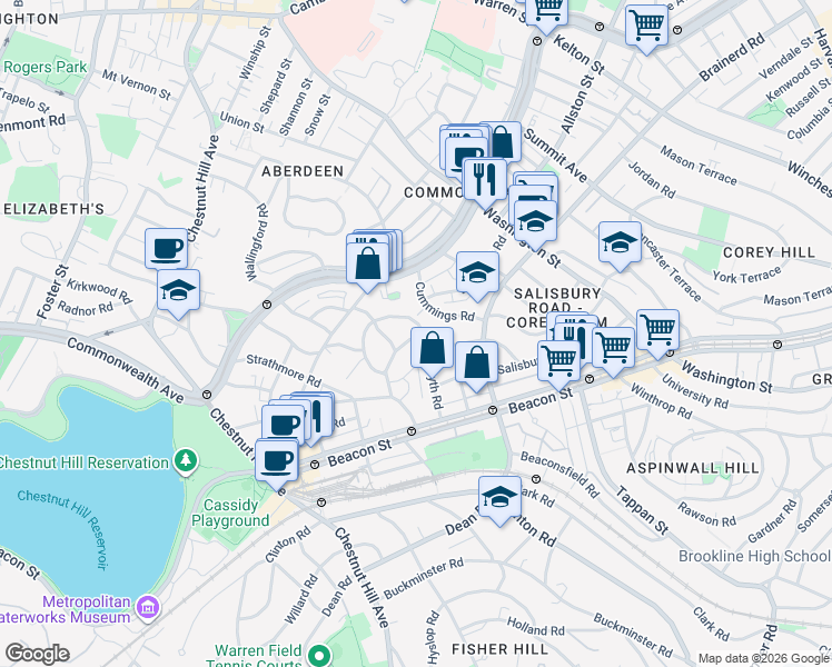 map of restaurants, bars, coffee shops, grocery stores, and more near 36 Cummings Road in Boston