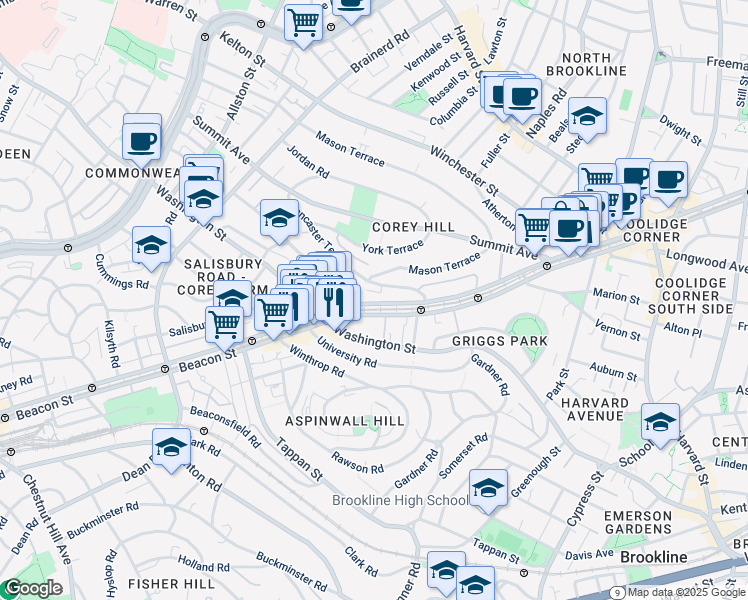 map of restaurants, bars, coffee shops, grocery stores, and more near 5 Mason Terrace in Brookline
