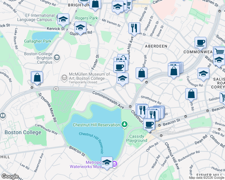 map of restaurants, bars, coffee shops, grocery stores, and more near 217 Chestnut Hill Avenue in Boston