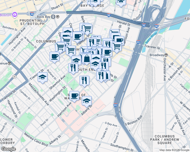 map of restaurants, bars, coffee shops, grocery stores, and more near 605 Harrison Avenue in Boston