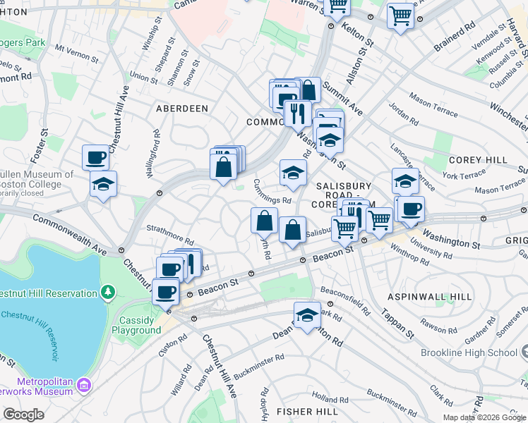 map of restaurants, bars, coffee shops, grocery stores, and more near 36 Cummings Road in Boston