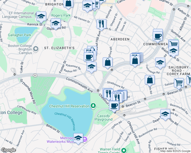map of restaurants, bars, coffee shops, grocery stores, and more near 186 Chestnut Hill Avenue in Boston