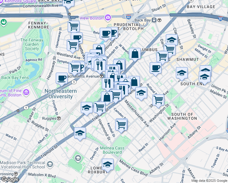 map of restaurants, bars, coffee shops, grocery stores, and more near in Boston