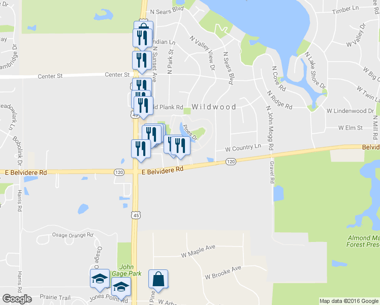 map of restaurants, bars, coffee shops, grocery stores, and more near 1902 Country Drive in Grayslake