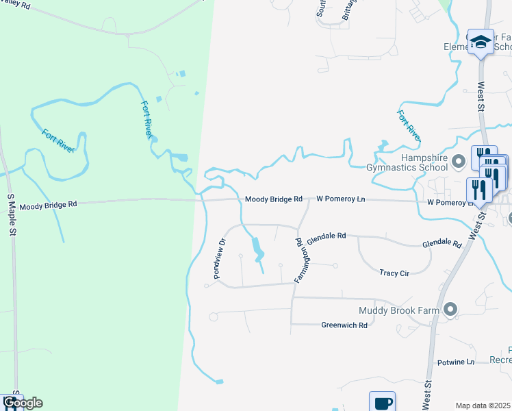 map of restaurants, bars, coffee shops, grocery stores, and more near 276 West Pomeroy Lane in Amherst