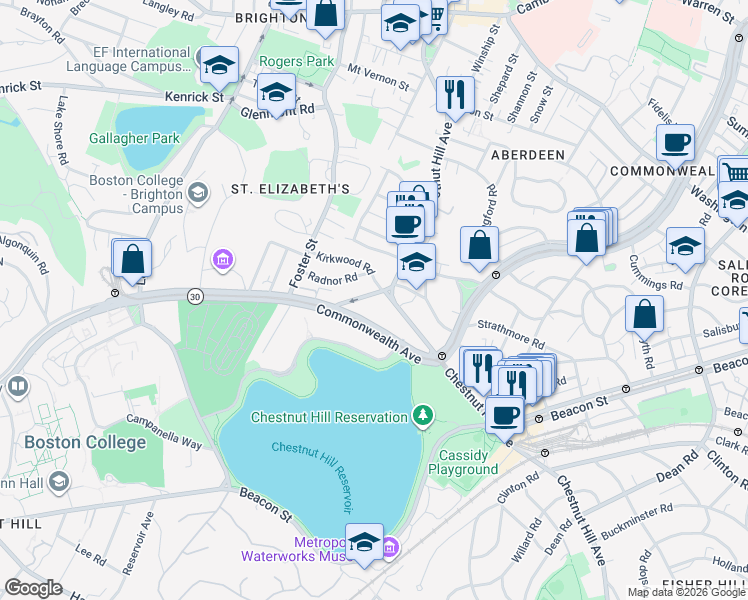 map of restaurants, bars, coffee shops, grocery stores, and more near 217 Chestnut Hill Avenue in Boston