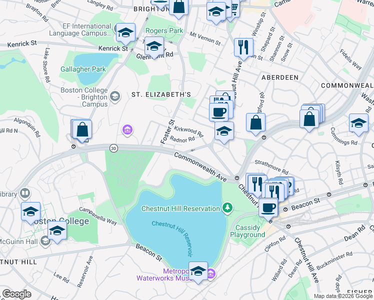 map of restaurants, bars, coffee shops, grocery stores, and more near 49 Radnor Road in Boston