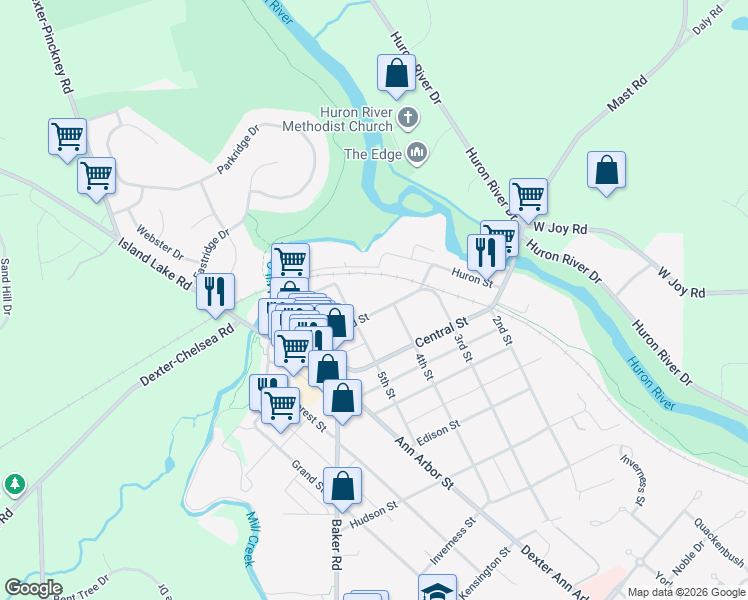 map of restaurants, bars, coffee shops, grocery stores, and more near 8170 5th Street in Dexter