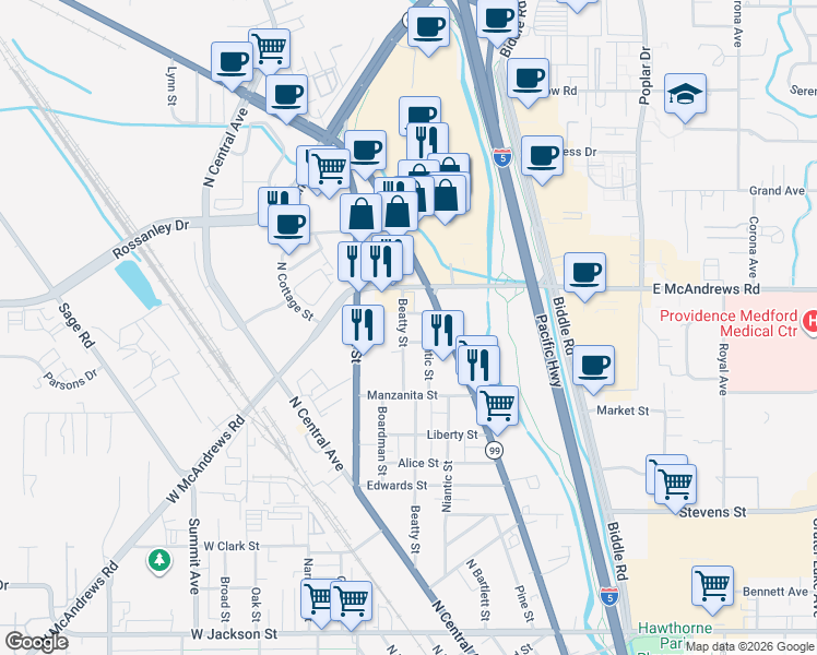 map of restaurants, bars, coffee shops, grocery stores, and more near 1450 Beatty Street in Medford