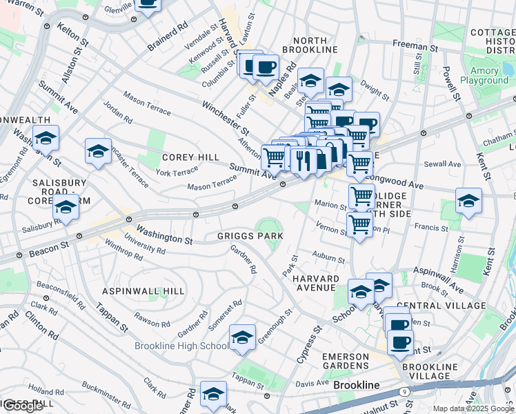 map of restaurants, bars, coffee shops, grocery stores, and more near 1443 Beacon Street in Brookline