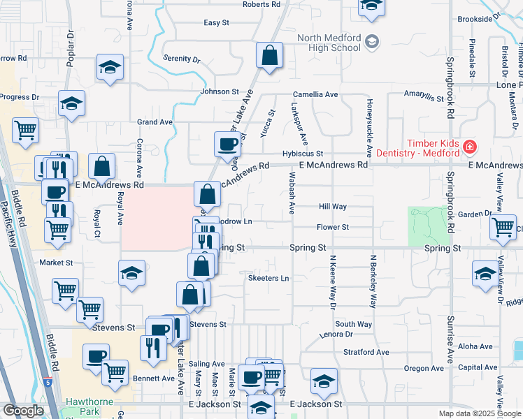 map of restaurants, bars, coffee shops, grocery stores, and more near 1132 Tabby Lane in Medford