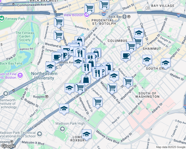 map of restaurants, bars, coffee shops, grocery stores, and more near 461 Massachusetts Avenue in Boston
