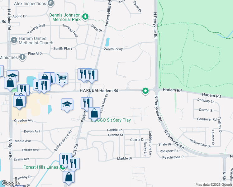 map of restaurants, bars, coffee shops, grocery stores, and more near 5235 Harlem Road in Loves Park