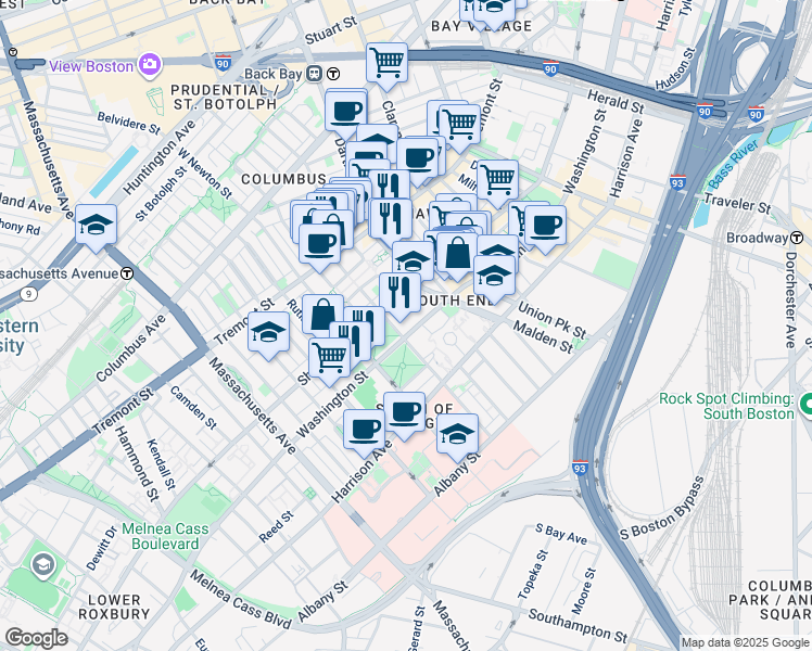 map of restaurants, bars, coffee shops, grocery stores, and more near 50 West Brookline Street in Boston