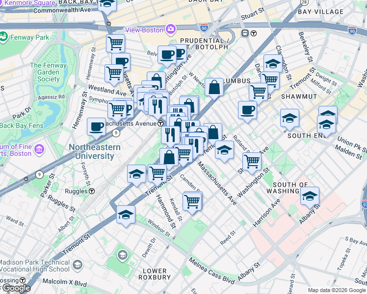 map of restaurants, bars, coffee shops, grocery stores, and more near 461 Massachusetts Avenue in Boston