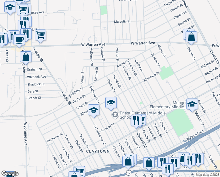 map of restaurants, bars, coffee shops, grocery stores, and more near 7720 Dayton Street in Detroit