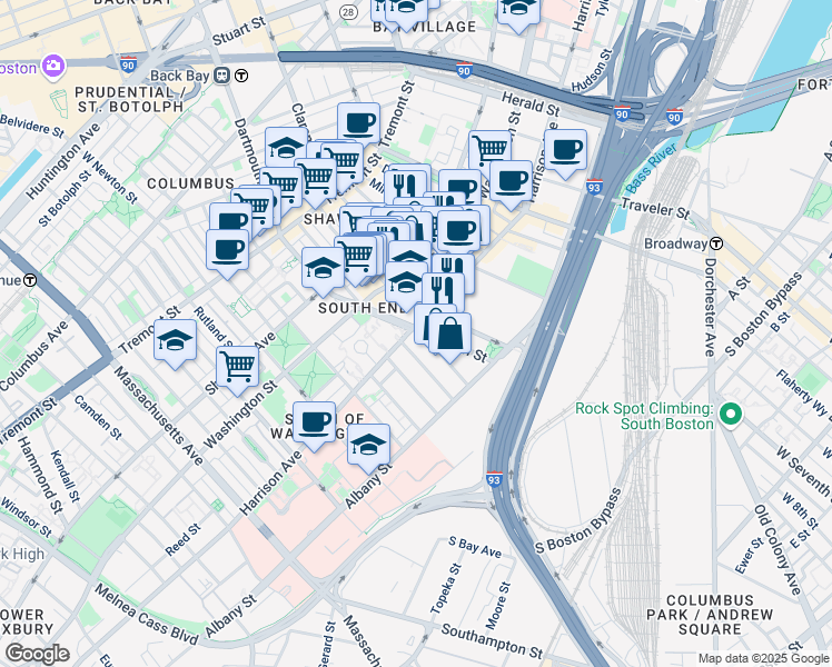 map of restaurants, bars, coffee shops, grocery stores, and more near 618 Harrison Avenue in Boston