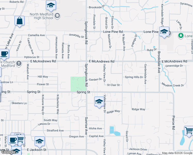 map of restaurants, bars, coffee shops, grocery stores, and more near 2596 East McAndrews Road in Medford